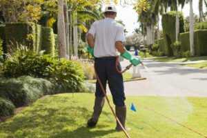 A pest control service specialist spraying a yard.