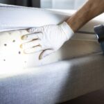 A person wearing a white glove shines a flashlight on a mattress seam, revealing multiple small dark spots—likely bed bug stains—as seen in many Bed Bugs Guide resources.