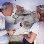 A man holding a clipboard and a woman examine a wall damaged by mold and moisture, discussing what to expect during inspection. The man points at black mold and crumbling plaster. Both wear light-colored clothing.