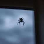 A Black Widow spider is silhouetted against a window with a cloudy sky in the background. The species is positioned near the center of the web, its legs extended outward.