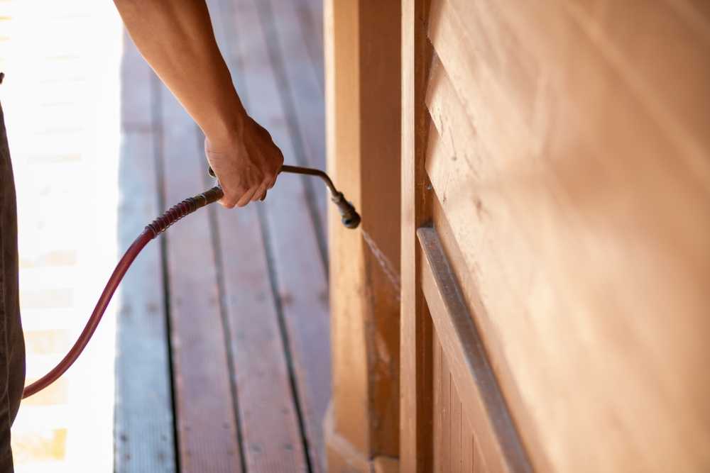 A person holds a hose and sprays liquid onto the exterior wooden wall of a building, possibly for termite prevention or cleaning. The scene is outdoors with sunlight shining on the wood.